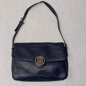 TH Navy Gold Tone Genuine Leather Hobo Purse Bag